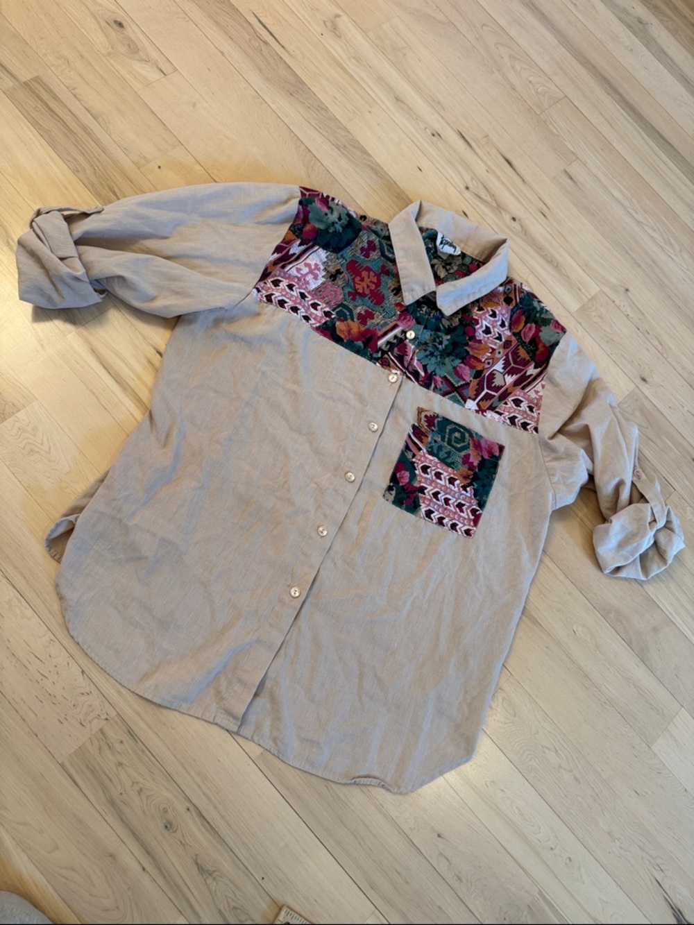 Vintage -button-down shirt-patchwork yoke-pocket geometric & floral patterns